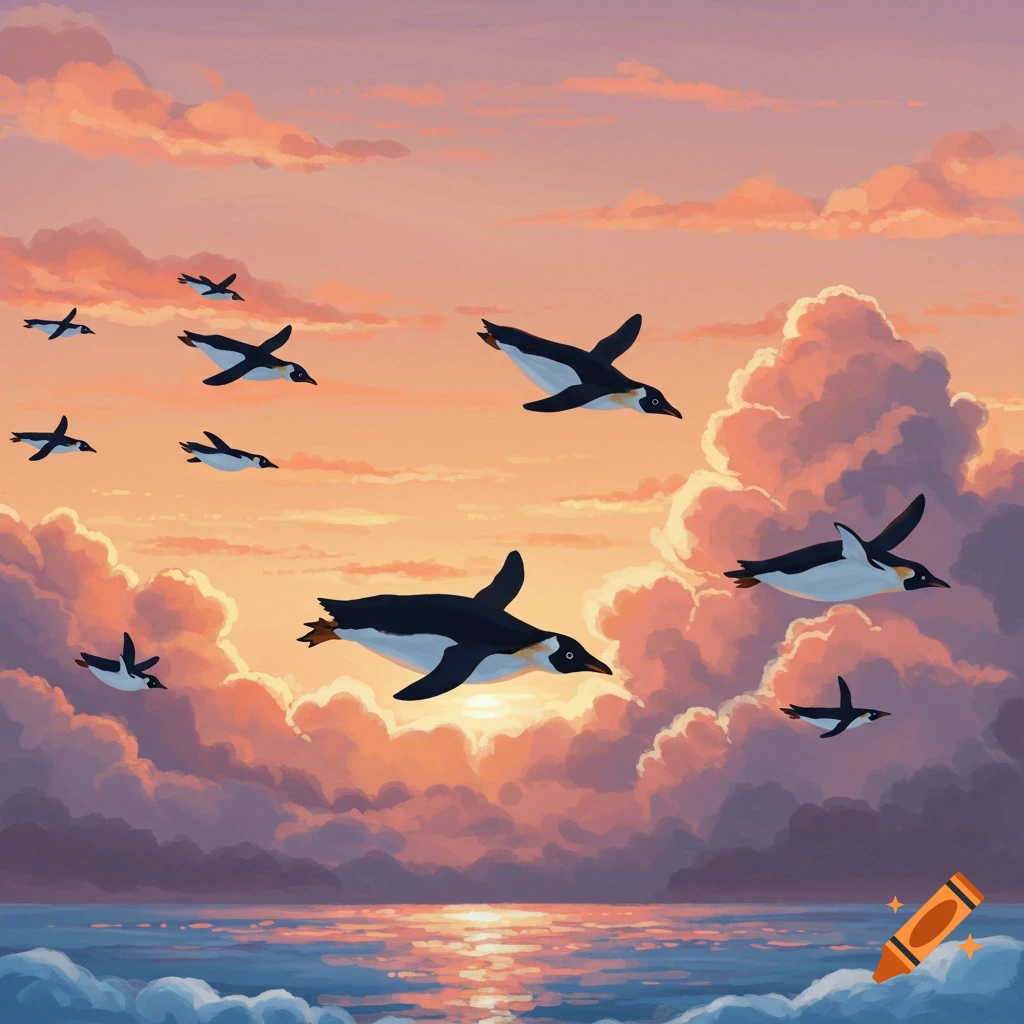 Penguins flying through a sunset sky with clouds and ocean.