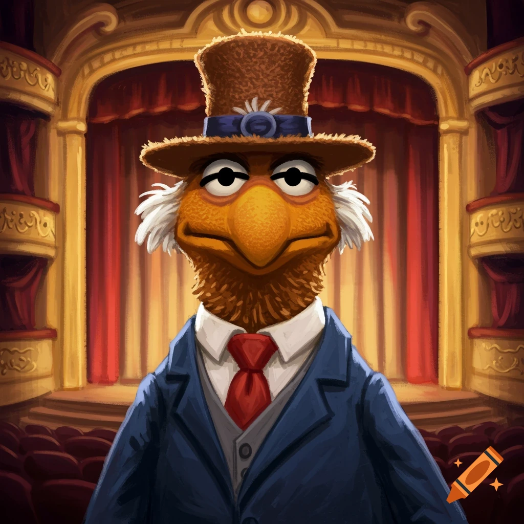 Sam the Eagle in a suit and top hat on a theatre stage.