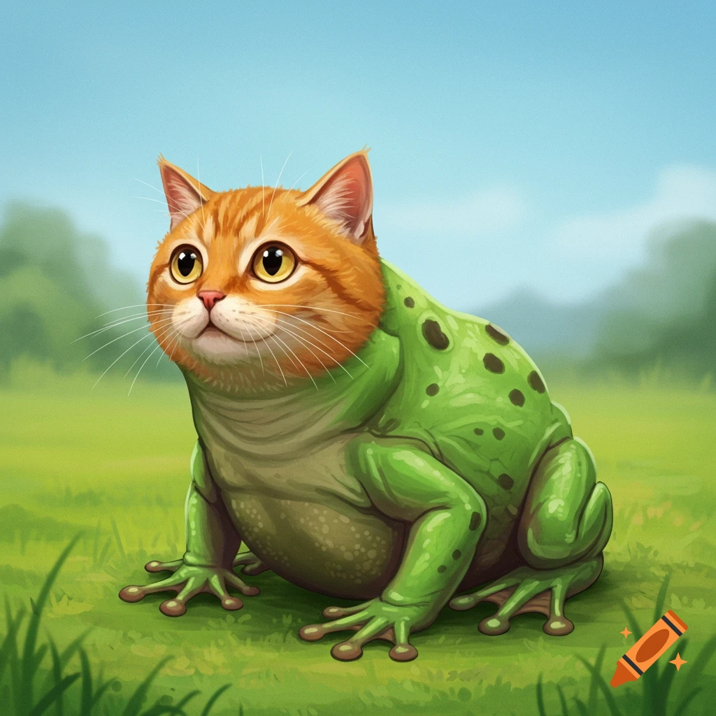 A creature with a cat head and a frog body is sitting in the grass.
