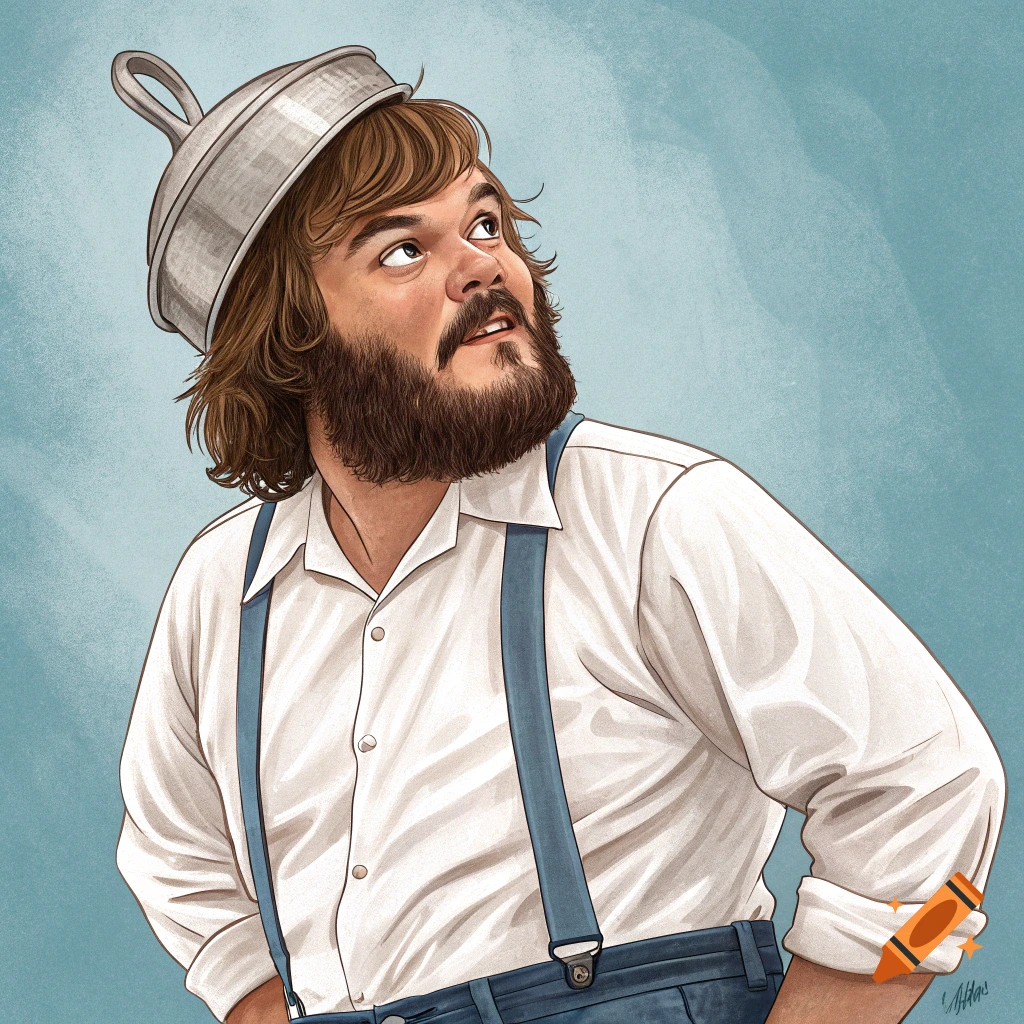 Illustration of a man with a beard wearing a pot on his head, white shirt, and blue suspenders looking up.