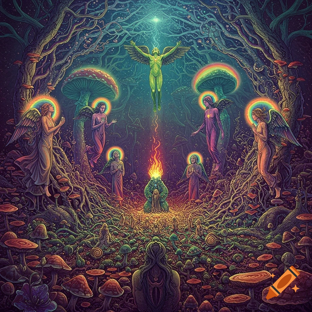 ethereal beings with wings and halos in a trippy forest with large mushrooms and roots, gathered around a central flame.
