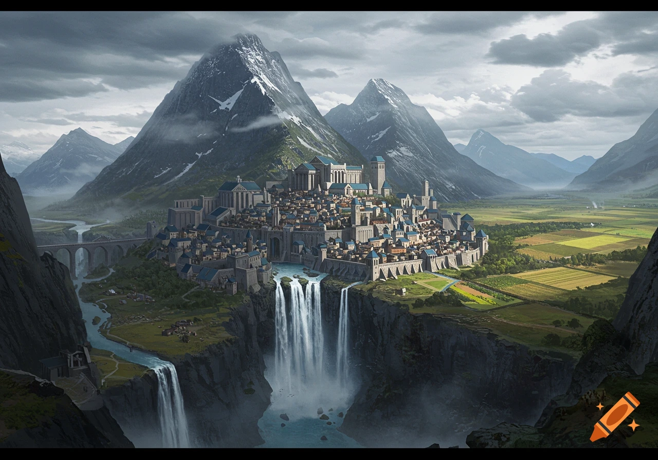 A fantasy city is built on a cliff overlooking a valley with waterfalls and mountains.