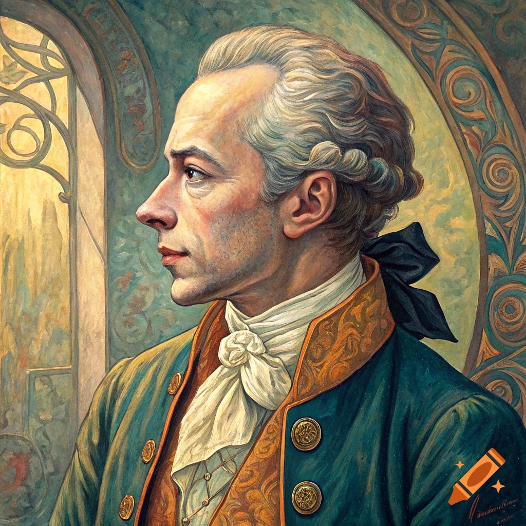 Portrait of a man in a white wig and blue coat in a painterly style.