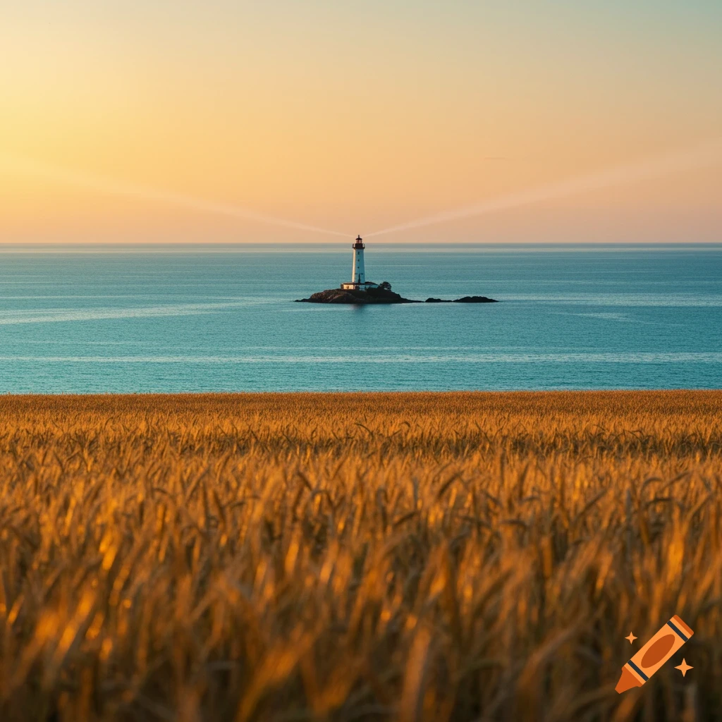 A lighthouse on a rocky island in the sea, viewed from a wheat field at sunset.