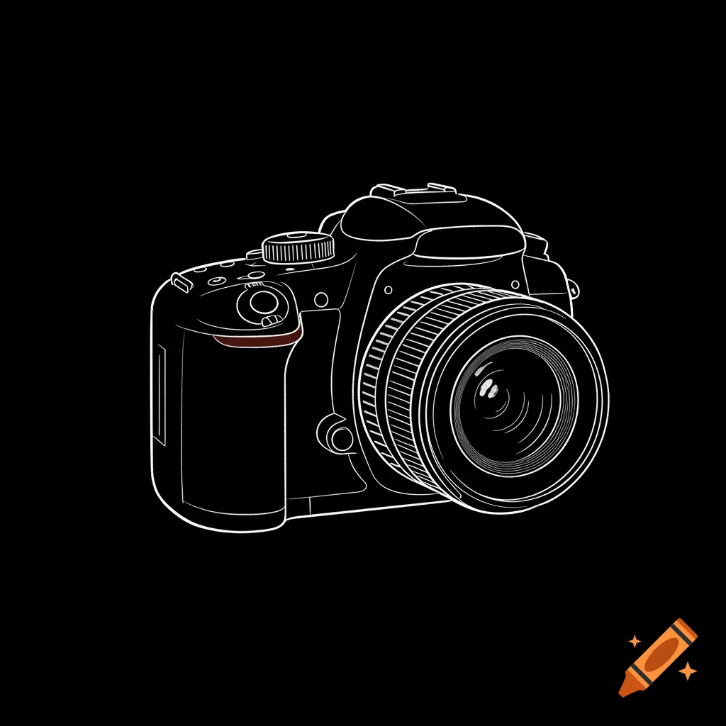 A minimal white chalk outline drawing of a DSLR camera on a black background.