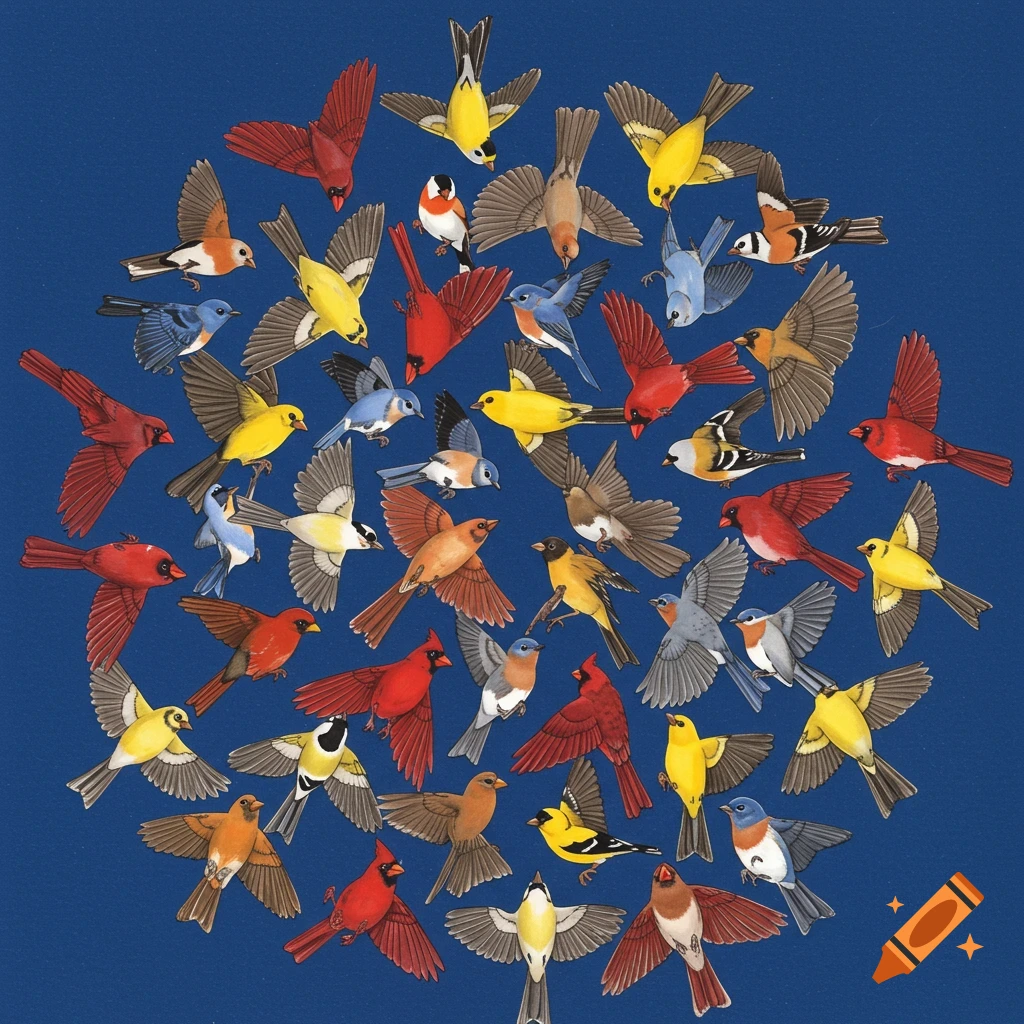 Many colorful birds (cardinals, bluebirds, goldfinches) in a radial pattern on blue.