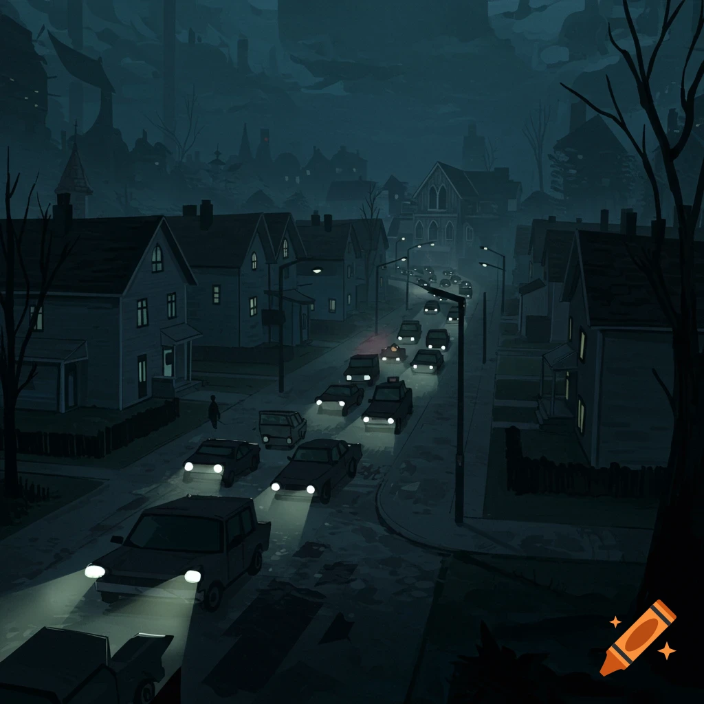 A dark suburban street with a traffic jam at night.