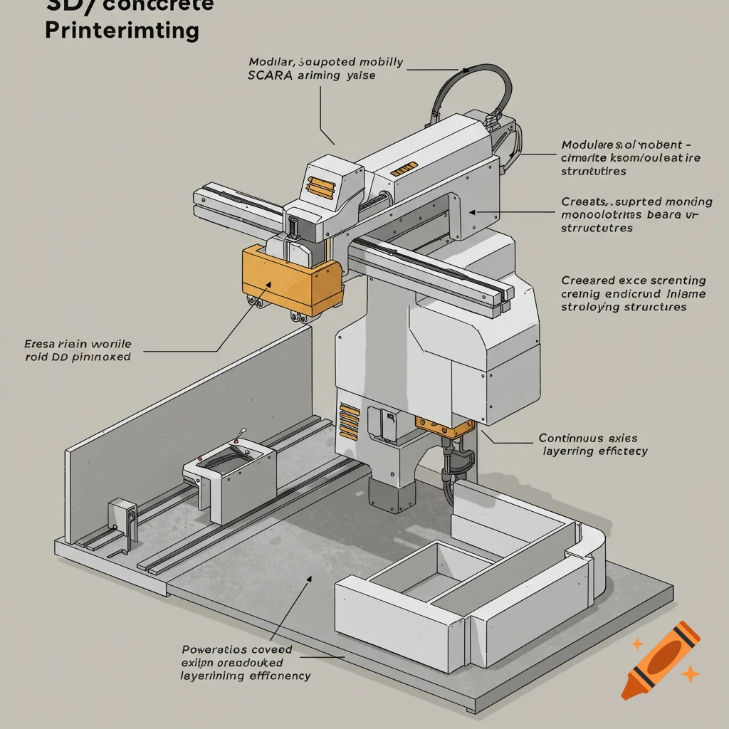 Diagram of a large 3D concrete printing system with labels.