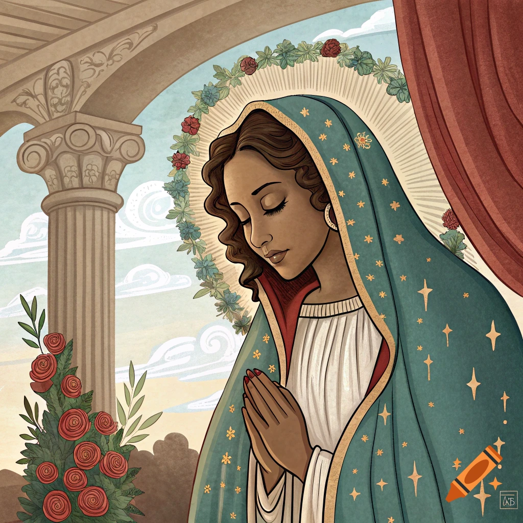 Stylized illustration of Virgin Mary of Guadalupe praying, with a blue cloak, golden halo, pillars, and roses.