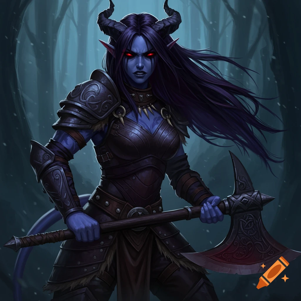 A blue-skinned Tiefling barbarian woman with horns, armor, and an axe standing in a snowy forest.