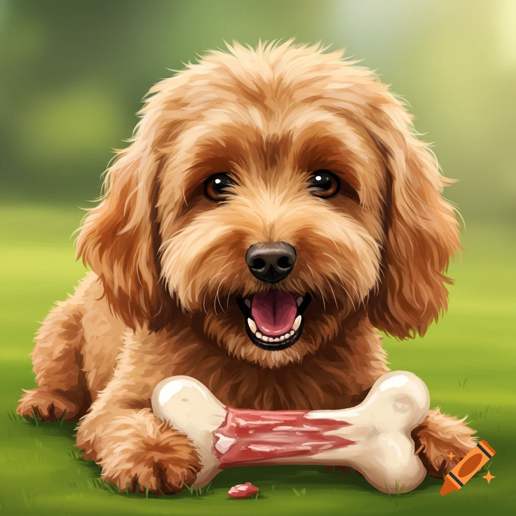 A happy golden doodle dog lying on grass with a bone, digital art.