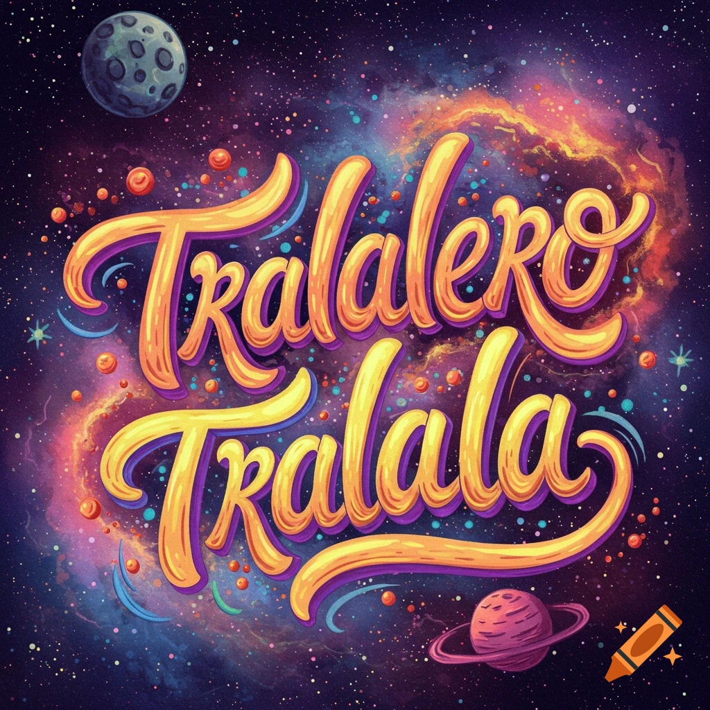 Colorful lettering that says "Tralalero Tralala" floats over a vibrant space background with stars and planets.