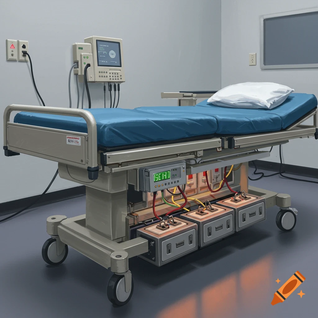 A medical bed with a monitor and complex equipment underneath.