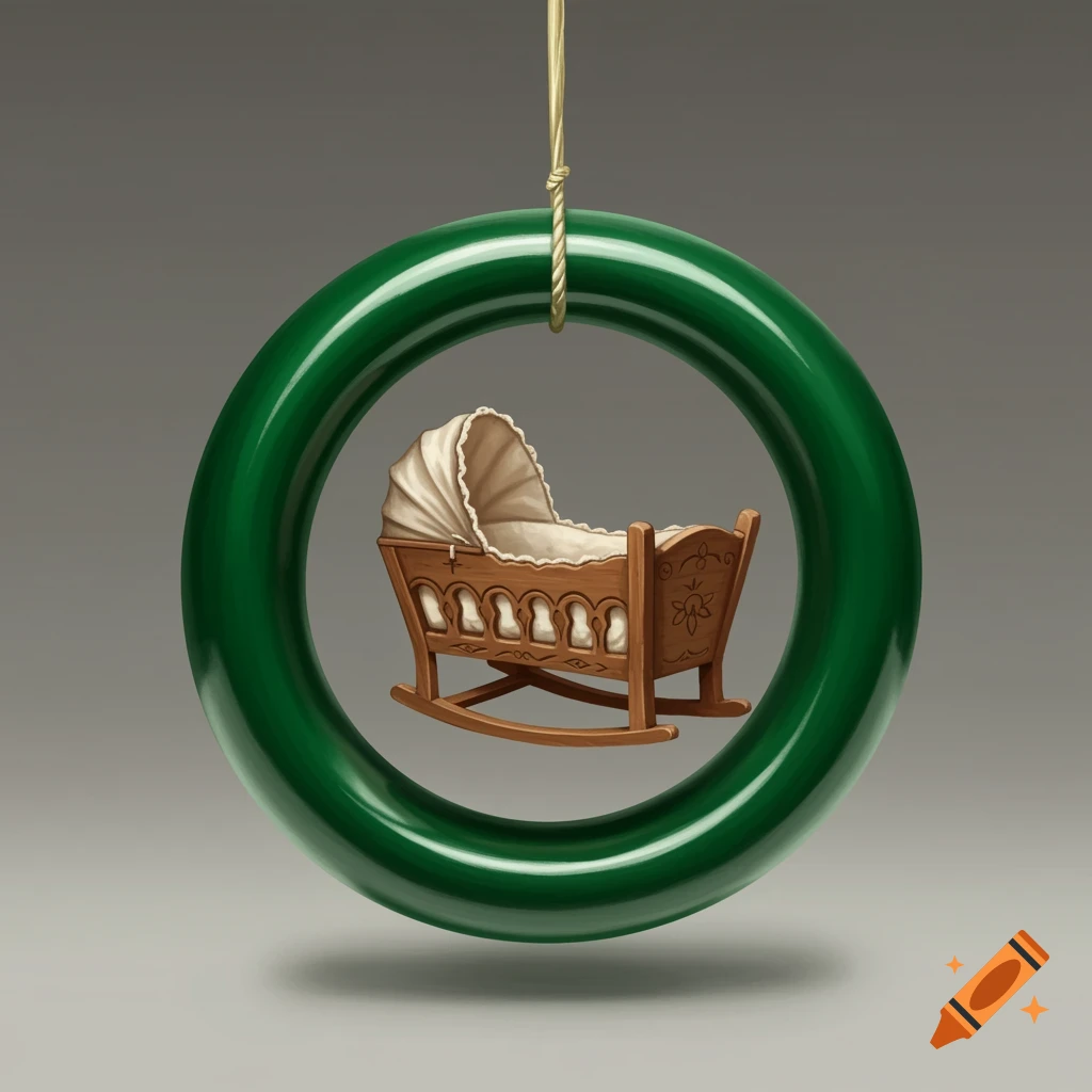 A wooden baby cradle with white fabric inside a large, green bangle, hanging by a string.
