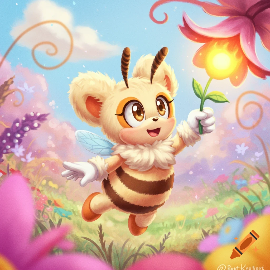 A cute fuzzy cartoon bee creature flies in a bright meadow, holding a glowing pink flower.