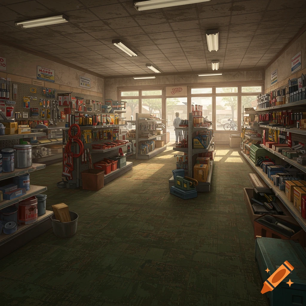 Interior of a hardware store with shelves of tools and supplies.