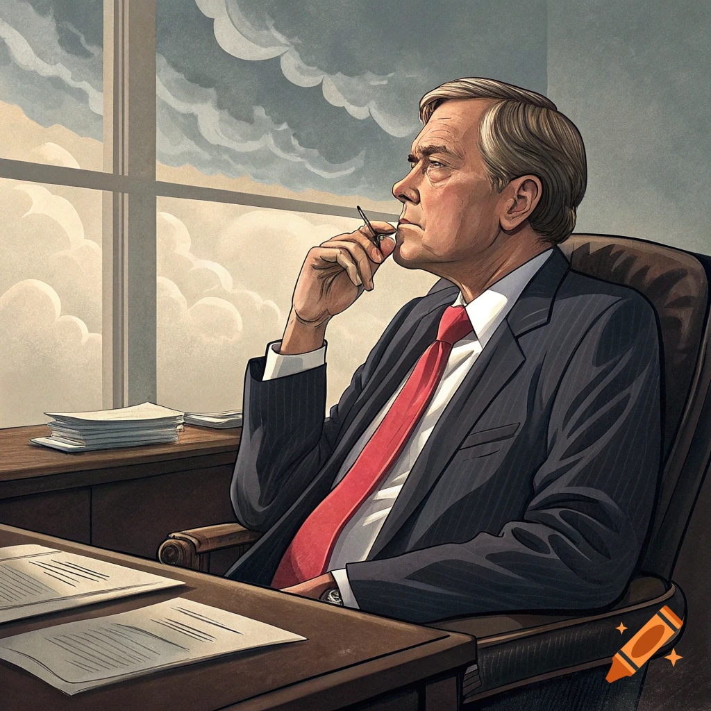 Illustration of a man in a suit sitting at a desk looking out a window.