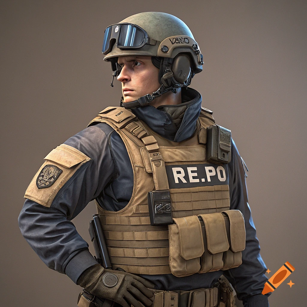 Close-up portrait of a person in tactical gear wearing a helmet and vest.