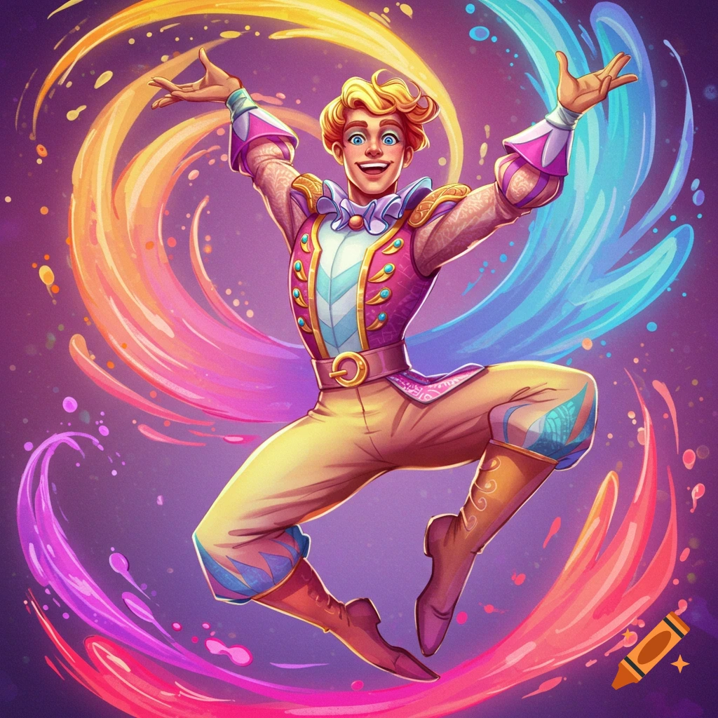 A male circus performer jumps in a colorful costume amidst abstract rainbow swirls.