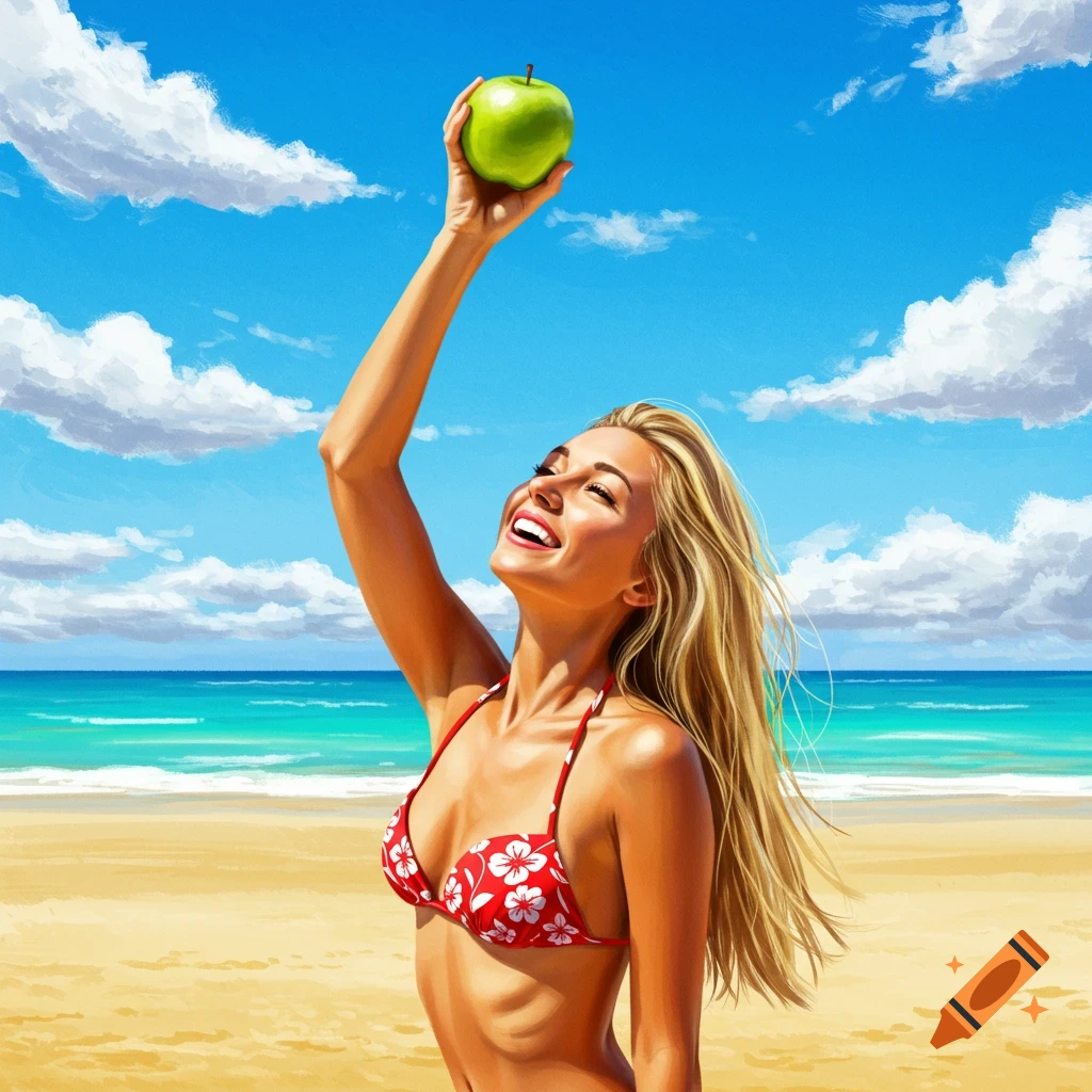 A woman holding a green apple overhead on a beach