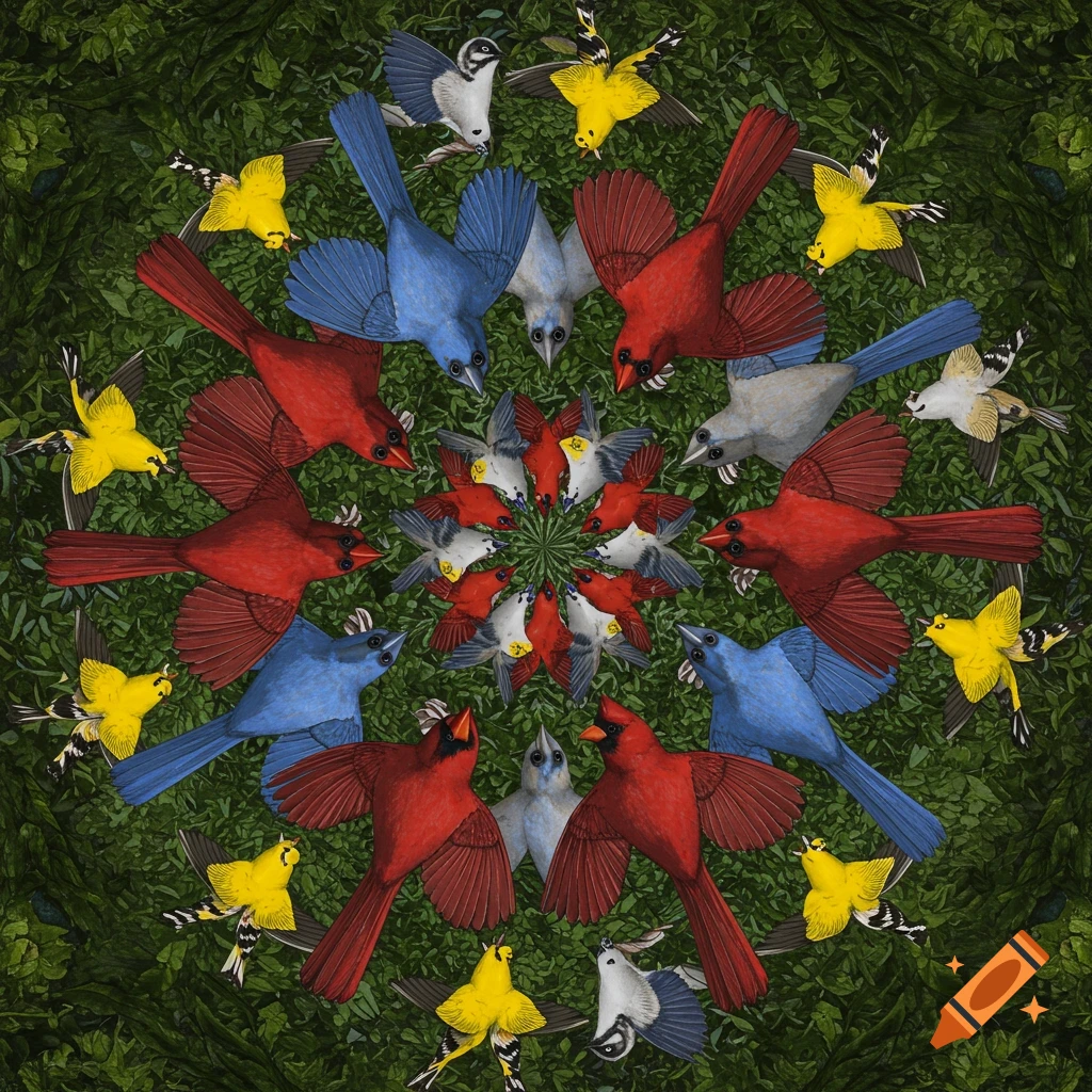 A radial pattern of red cardinals, bluebirds, and yellow goldfinches on a green background, in the style of an engraving.