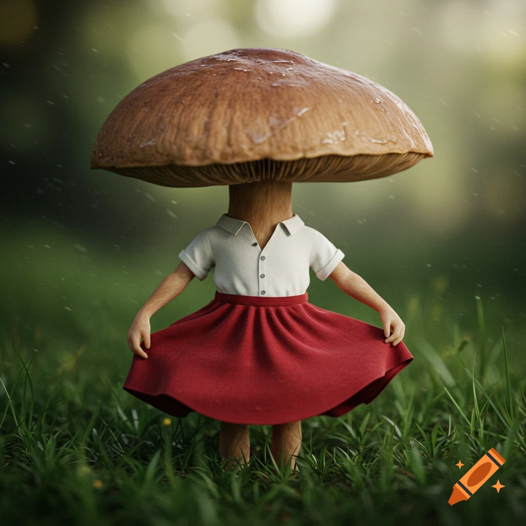 A character with a mushroom cap for a head wears a white shirt and red skirt while standing in the rain in the grass.