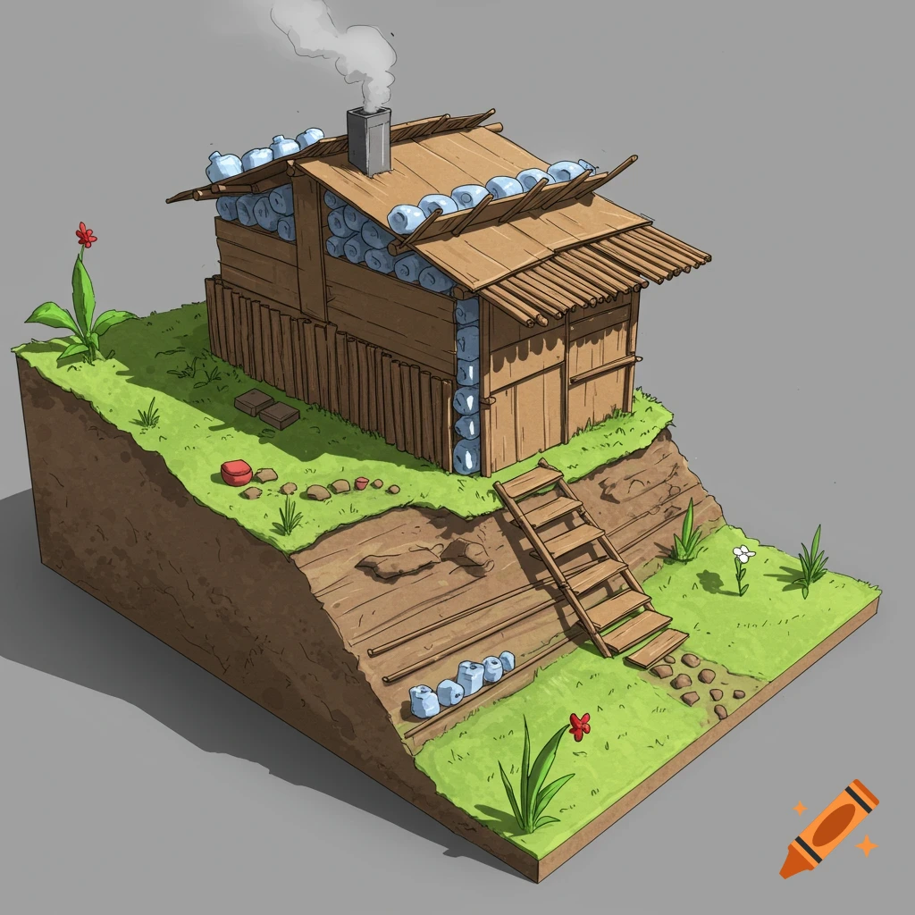 A model house made of wood and plastic bottles sits on a grassy hillside with stairs and a path.