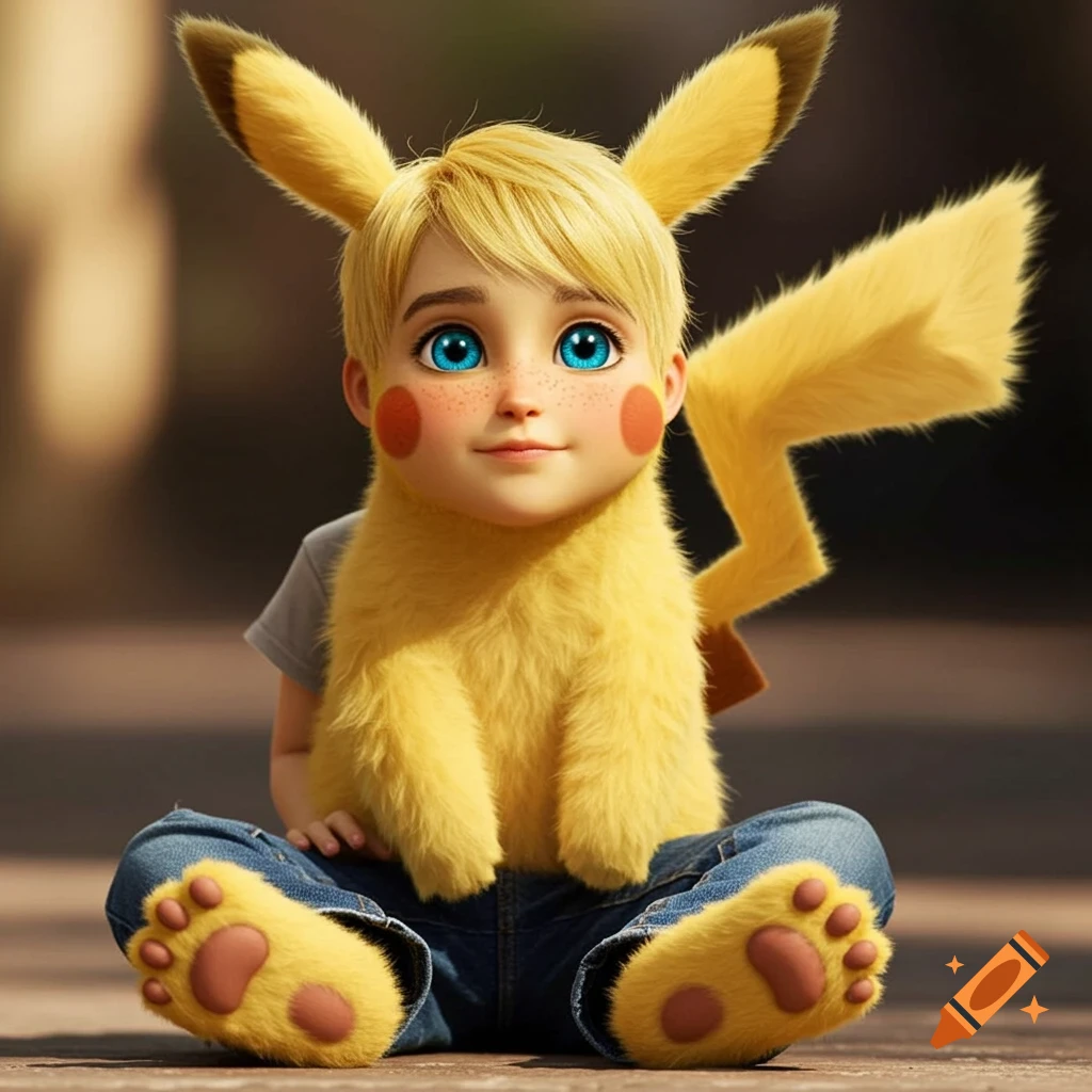 A photorealistic image of a child-like human-Pikachu hybrid sitting on the ground.