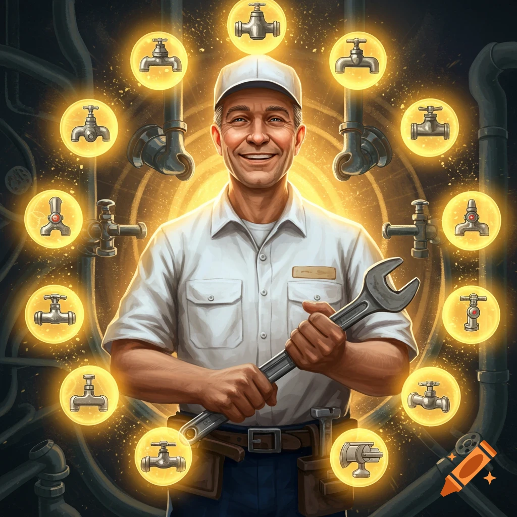 A smiling plumber holds a wrench, surrounded by glowing plumbing pipe symbols.
