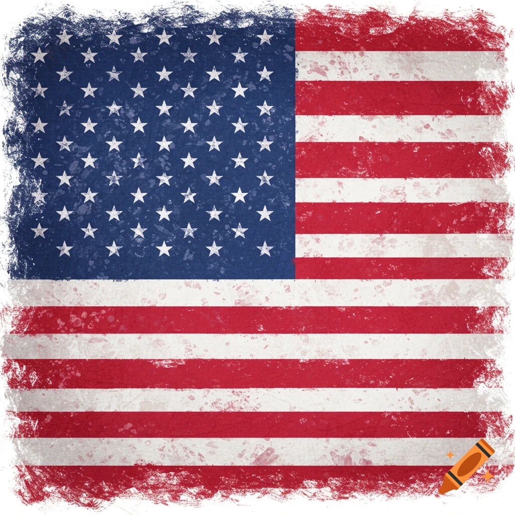 A grunge-style depiction of the American flag with a distressed texture.