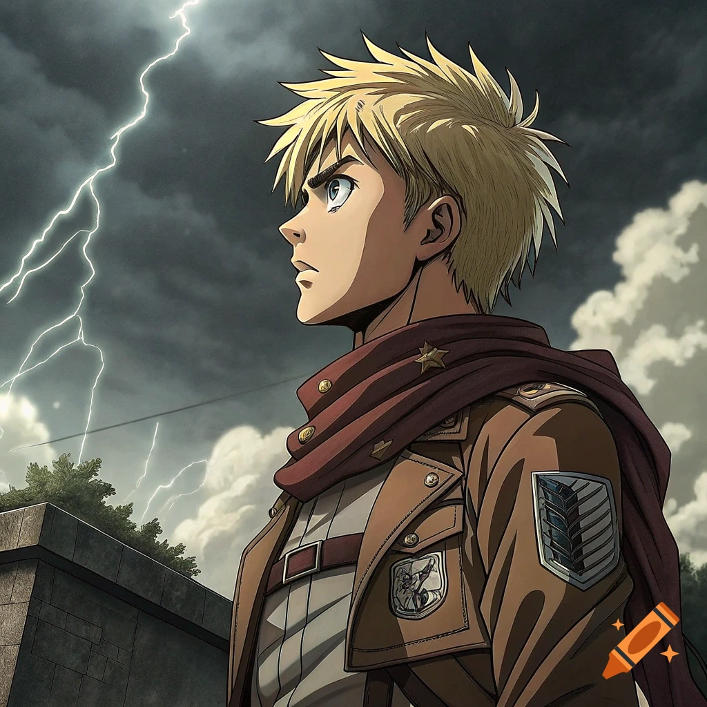 Anime character in military uniform looking at lightning in a stormy sky