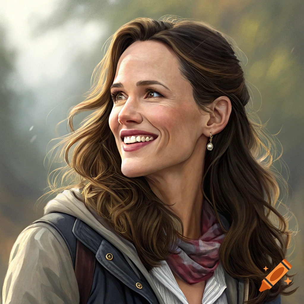 A smiling woman with brown hair wearing a jacket and scarf looks up and to the side in an outdoor portrait.