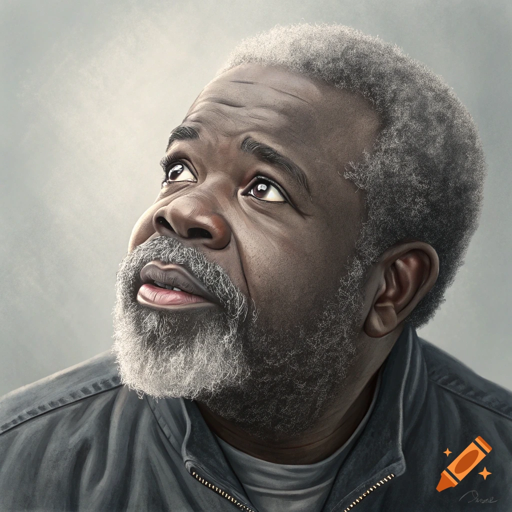 A portrait of a man with grey skin and beard looking up, in a digital art style.