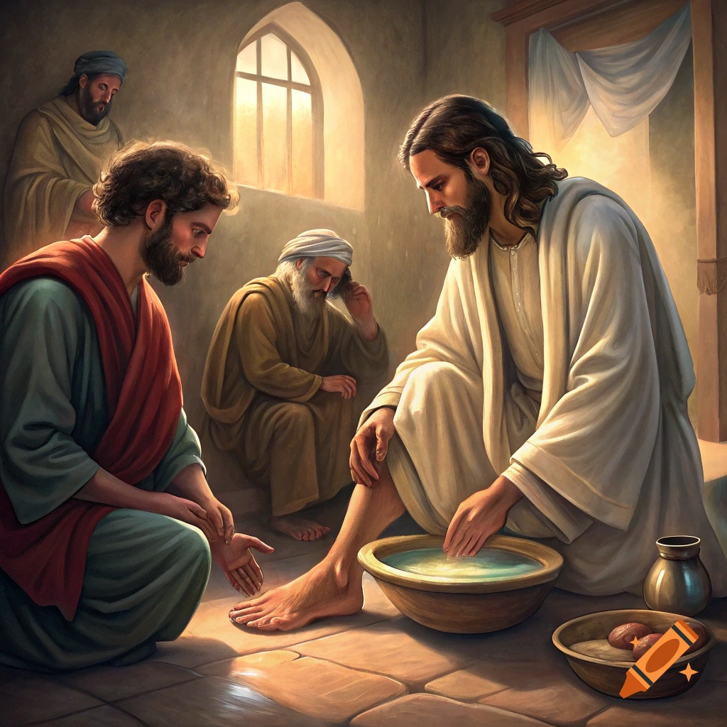 Jesus washes the feet of a disciple in a room with others, illustration.