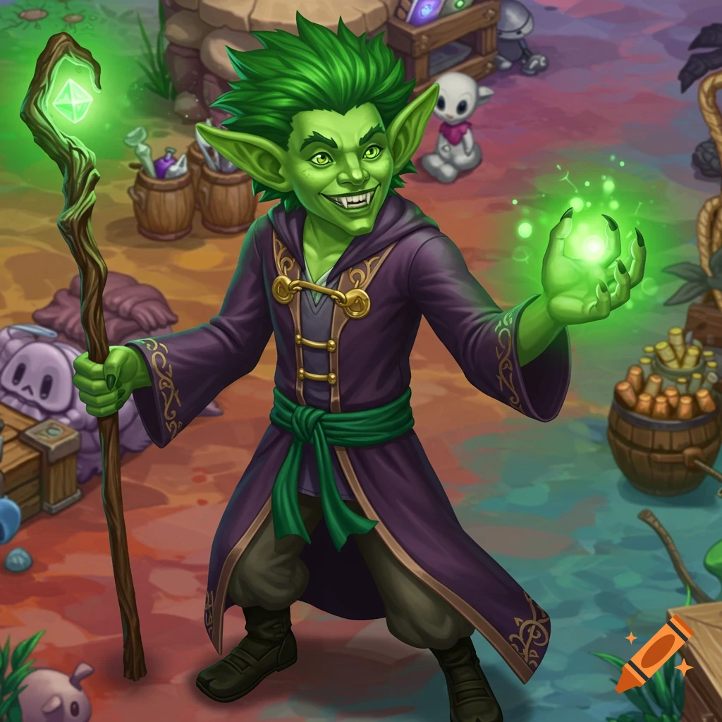 Illustrative fantasy art of a green goblin wizard casting a spell