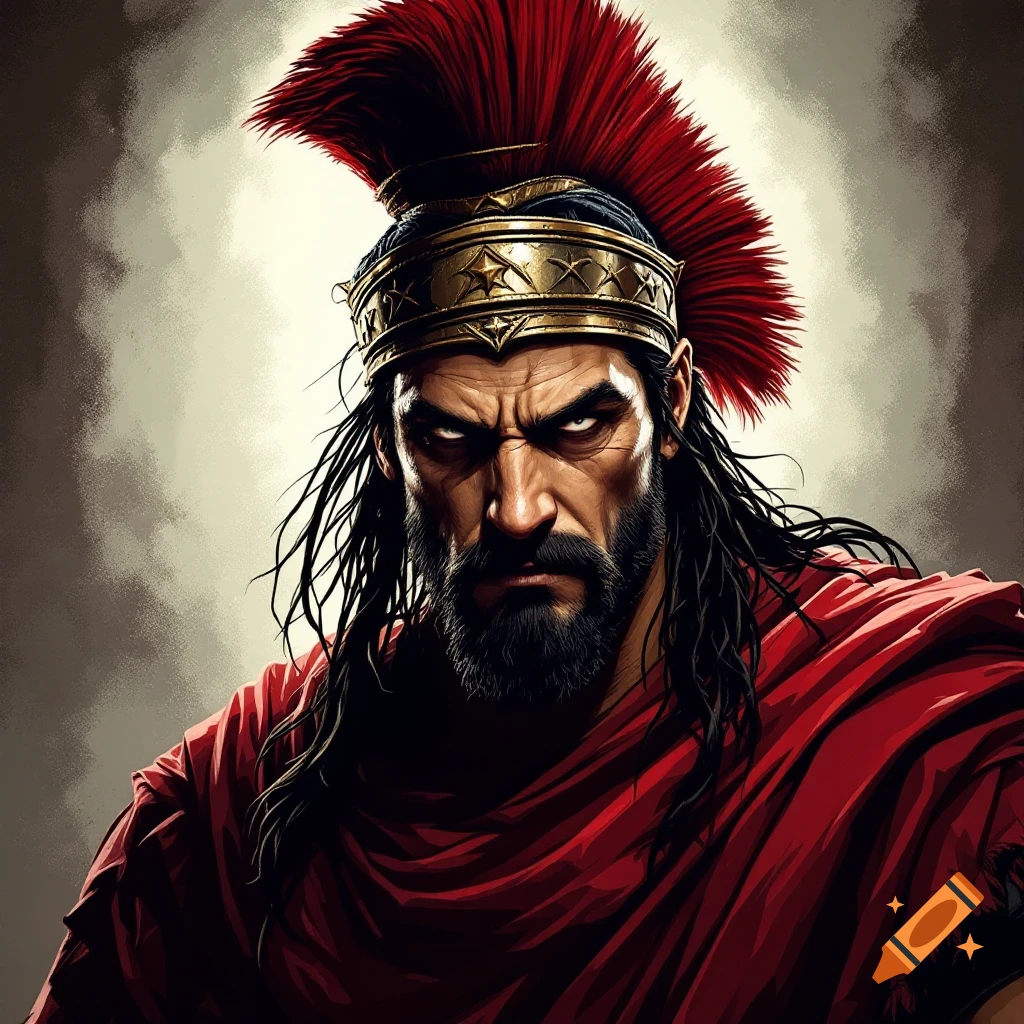 Portrait of a fierce warrior with beard, red cloak, and golden helmet crest.