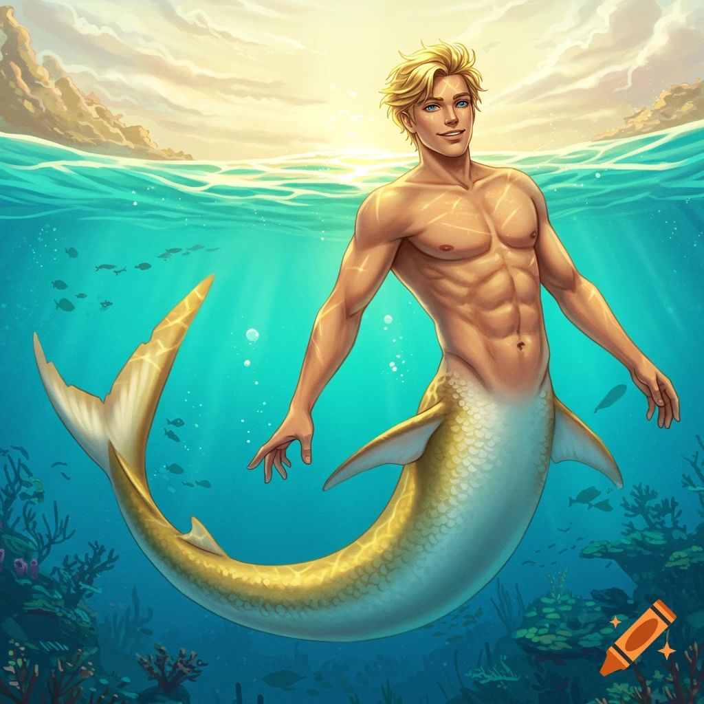Painting of a blonde merman with a lemon shark tail swimming in sunny blue ocean water with coral reefs below.