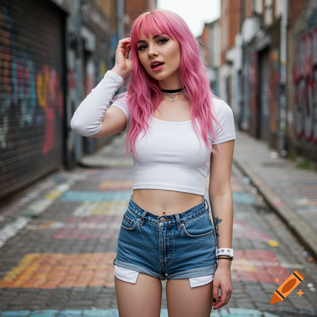 A young woman with pink hair wearing a white crop top and denim shorts stands in a graffiti-covered urban alley.