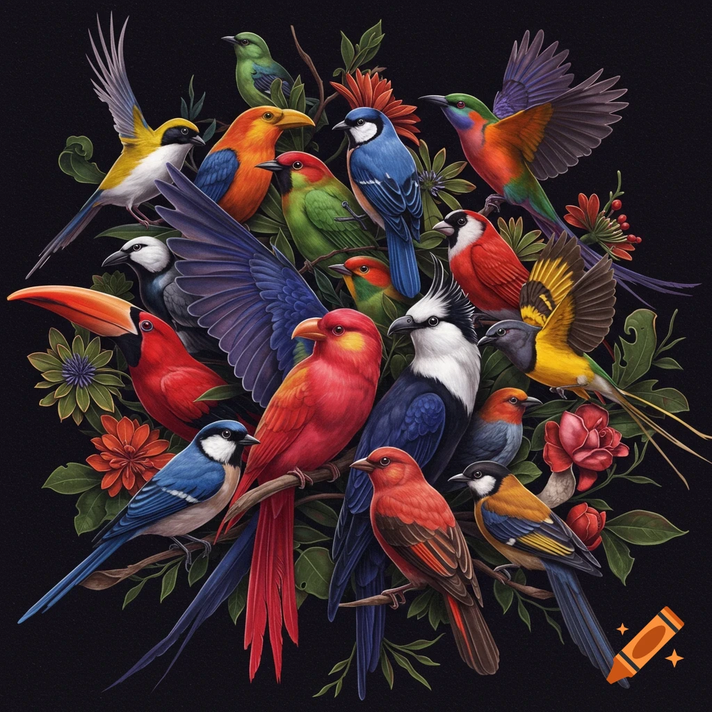 Many colorful birds of various species are perched closely together among dark green foliage on a black background.
