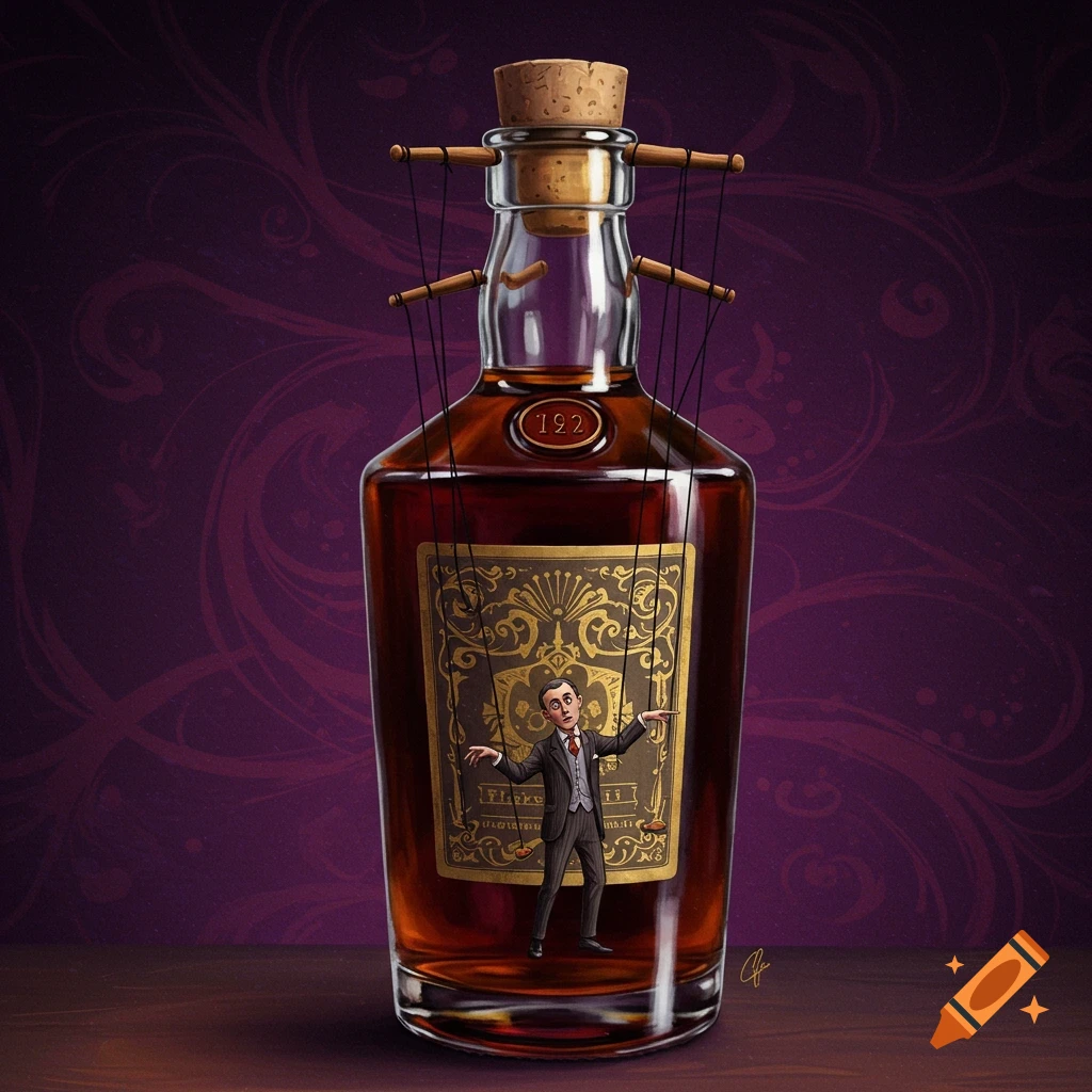 Digital illustration of a miniature person inside a bottle, controlled by puppet strings.