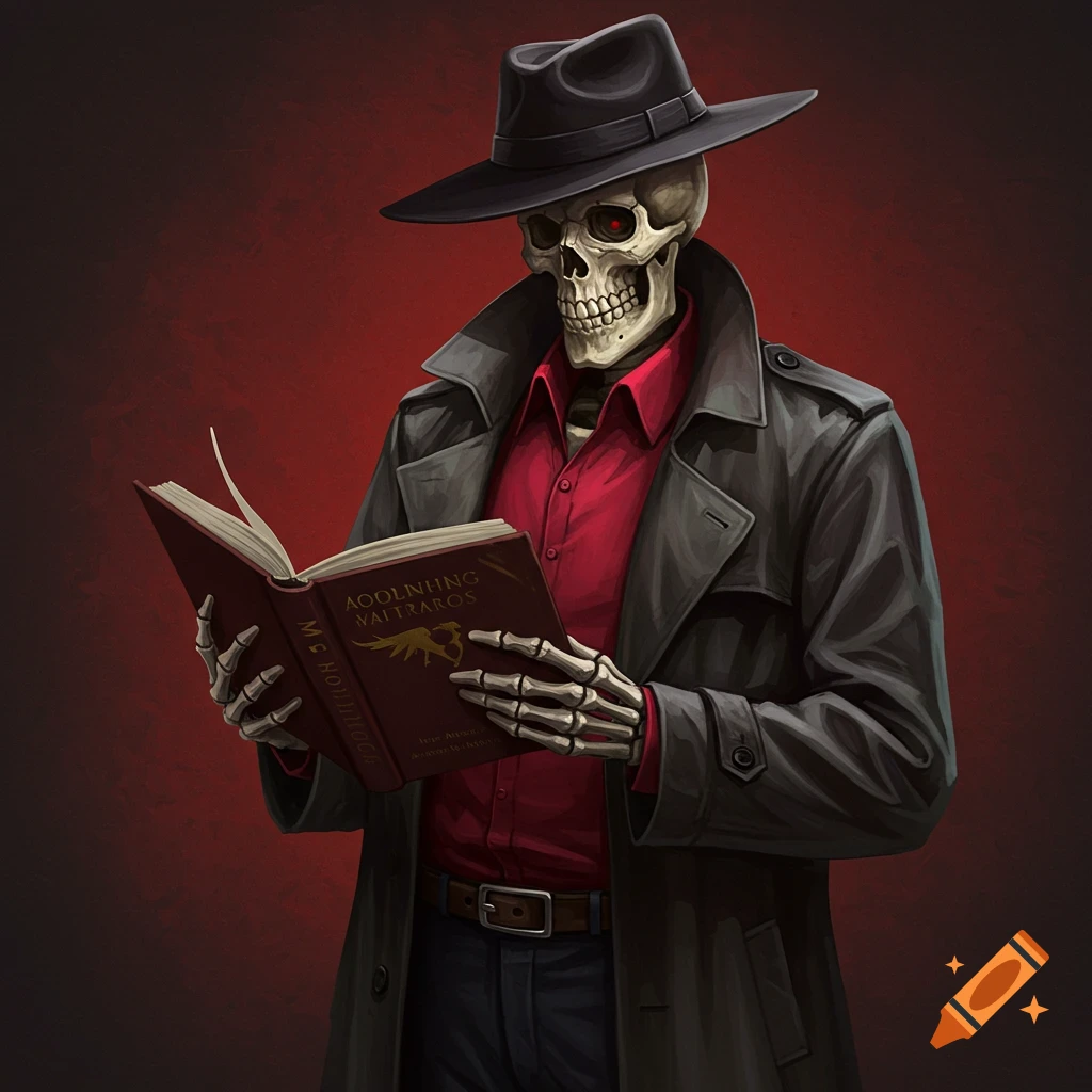 A skeleton in a trench coat and hat reading a book.