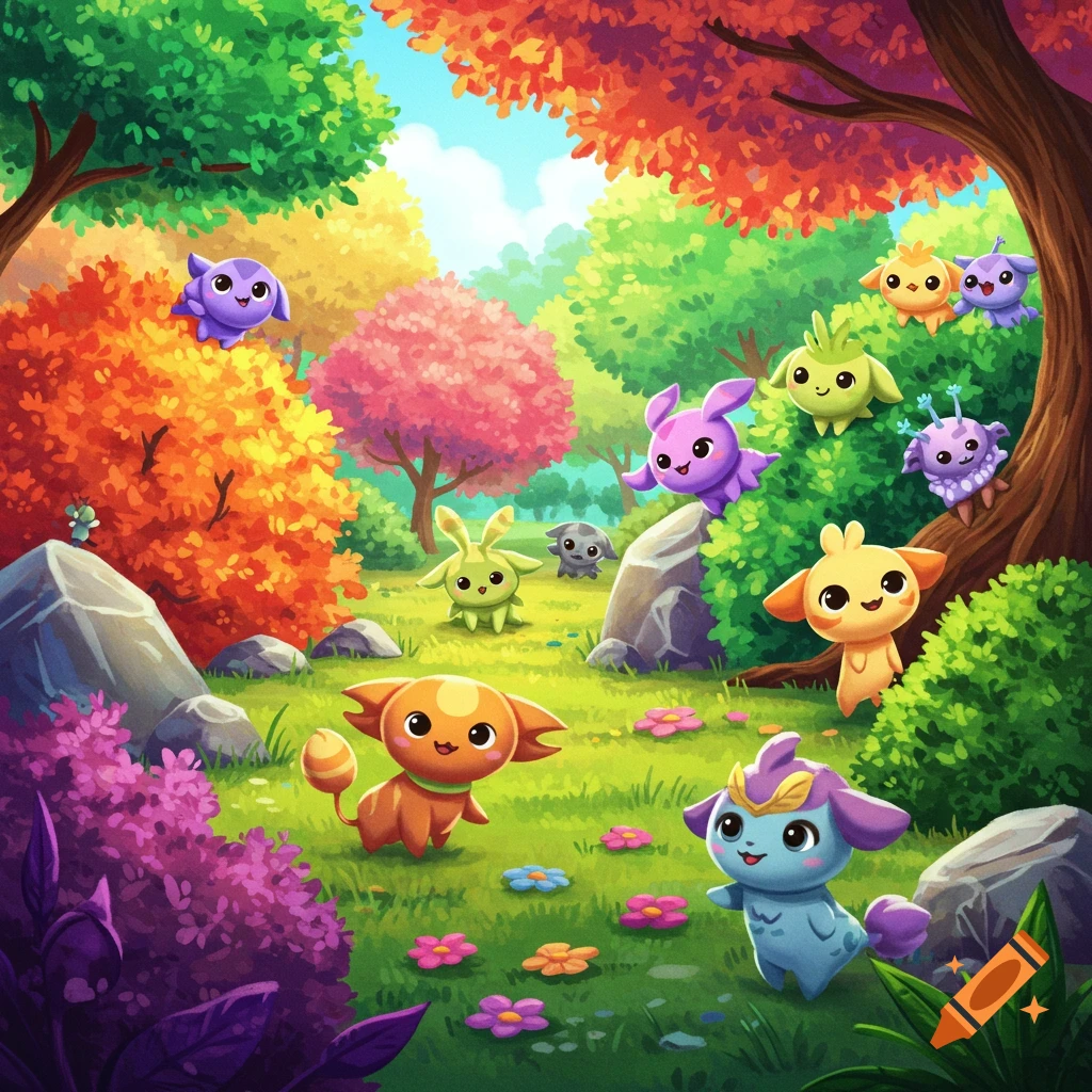 A bright scene shows colorful cartoon creatures playing hide and seek in a vibrant forest.