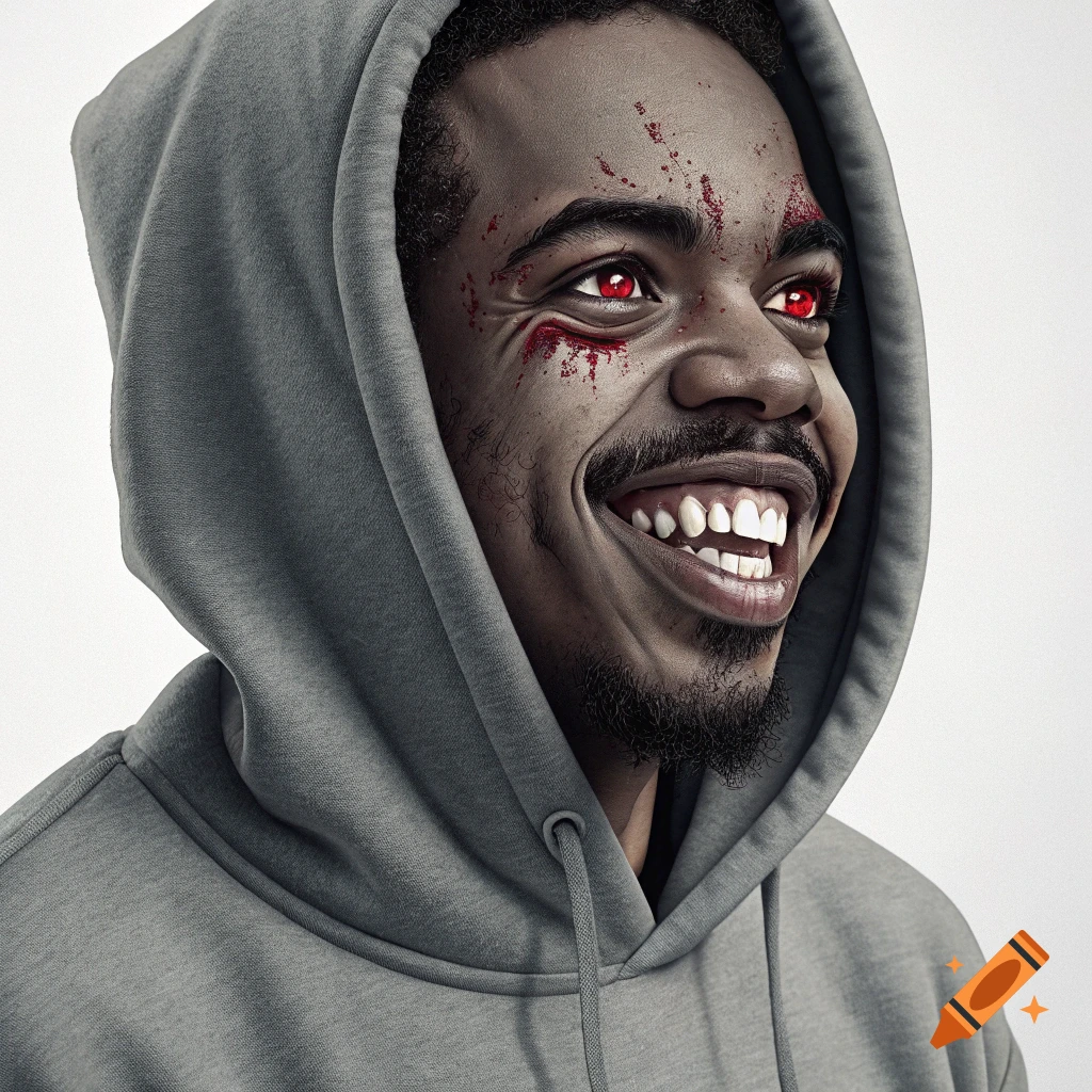 A hyperrealistic close-up portrait of a man in a grey hoodie, grinning eerily with red eyes and blood splatter on his face.