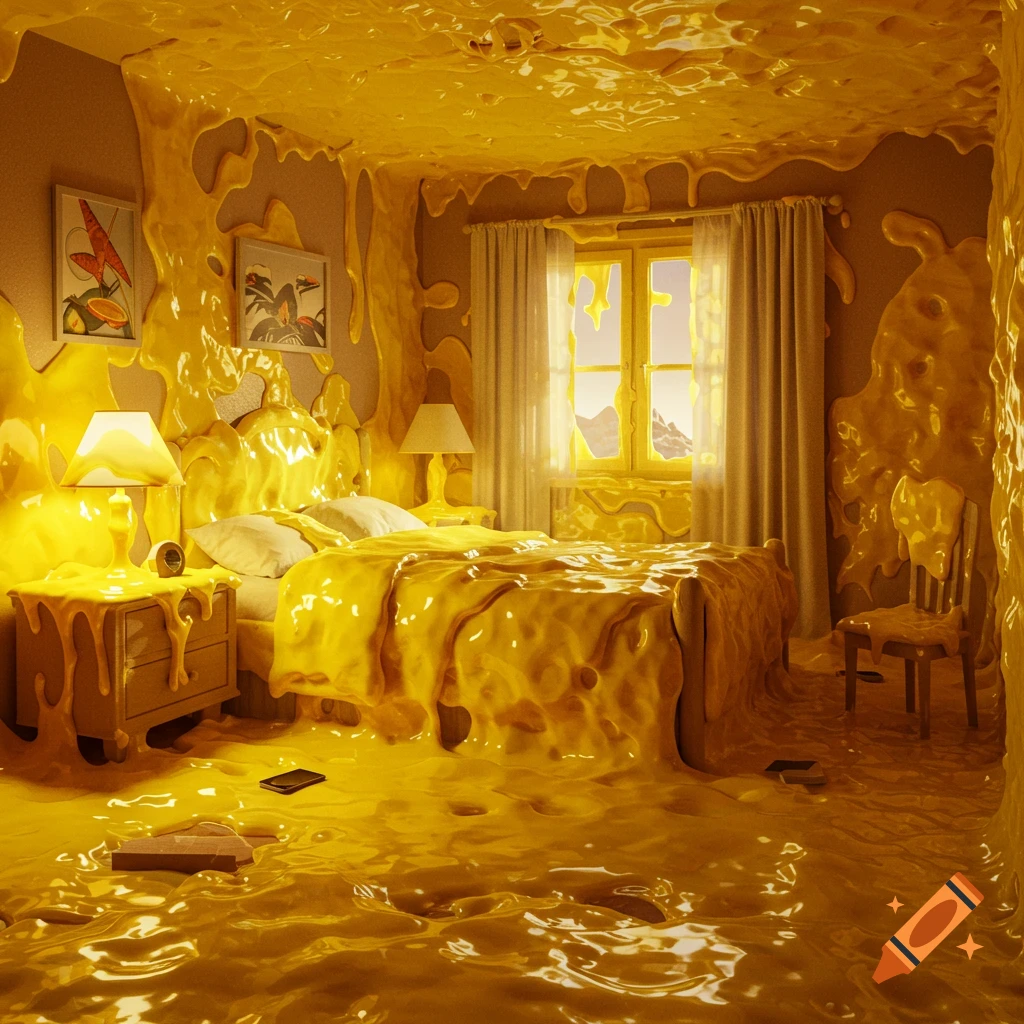 A bedroom covered in yellow goo