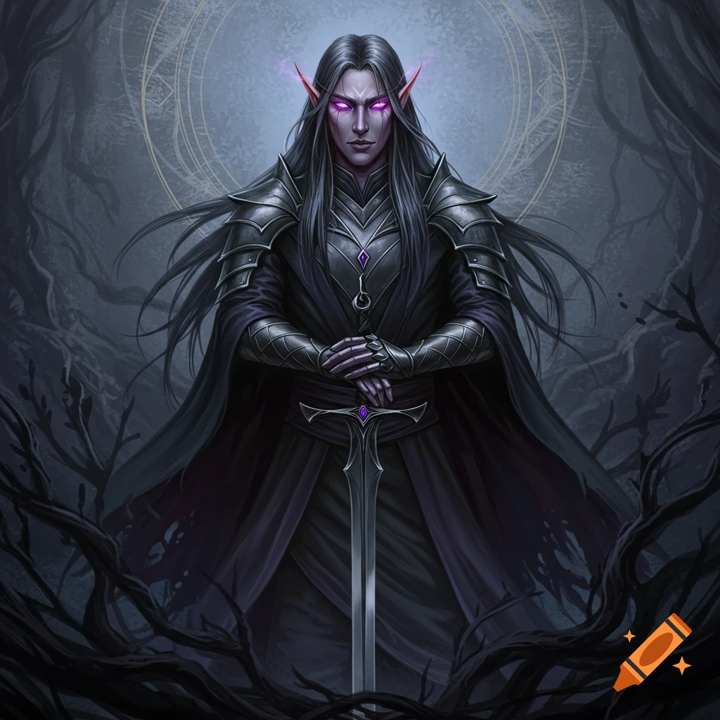 A male Shadowblood elf in black armor holds a sword in a dark forest.