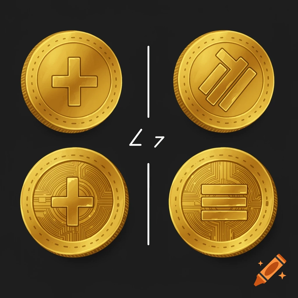 Four gold coins with different symbols: cross, stylized T, cross with circuit pattern, equals sign with circuit pattern. Separated by lines and arrows with numbers 2 and 7.