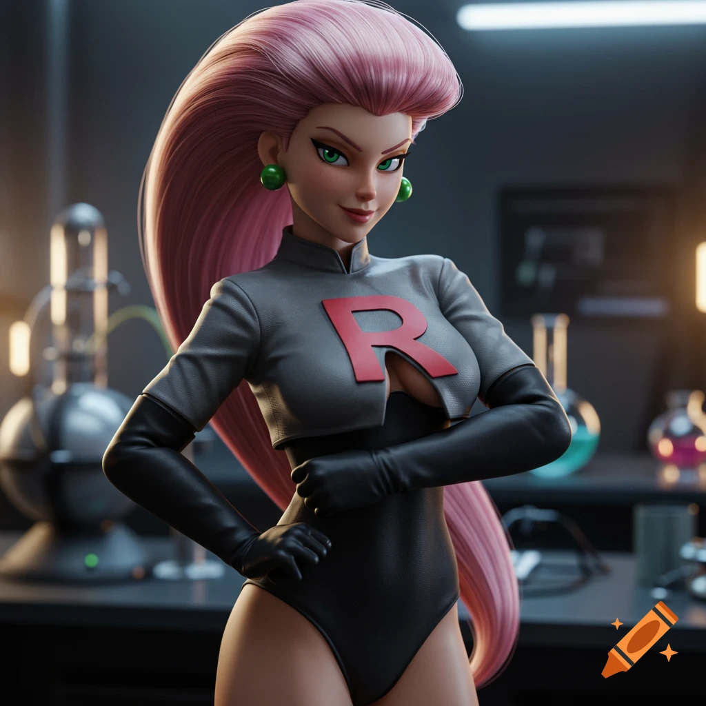 Jessie from Team Rocket in her black suit, pink hair, green earrings, standing in a lab.