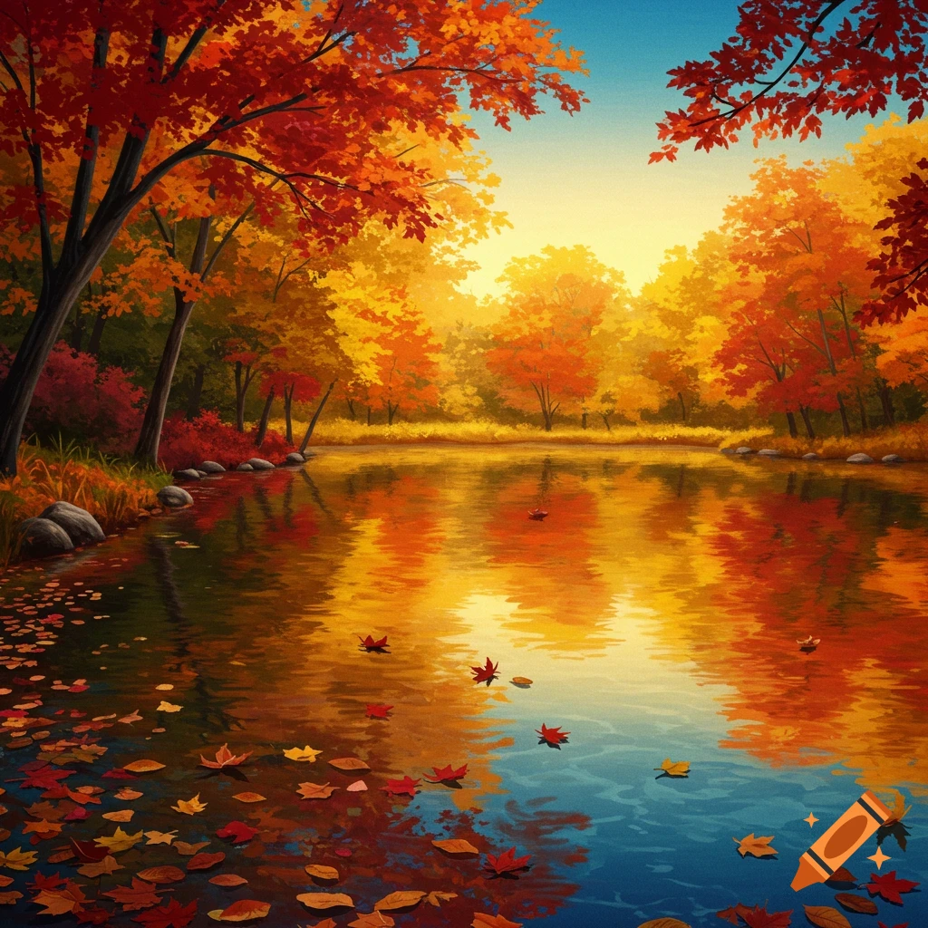A golden pond reflecting autumn trees with colorful red and yellow leaves.