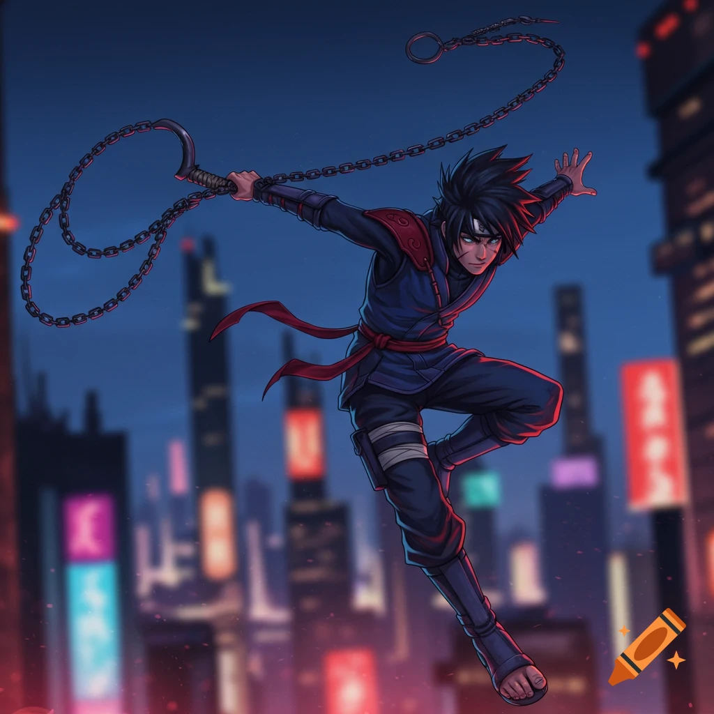 Anime-style depiction of a ninja leaping with a grappling hook chain against a city night background.