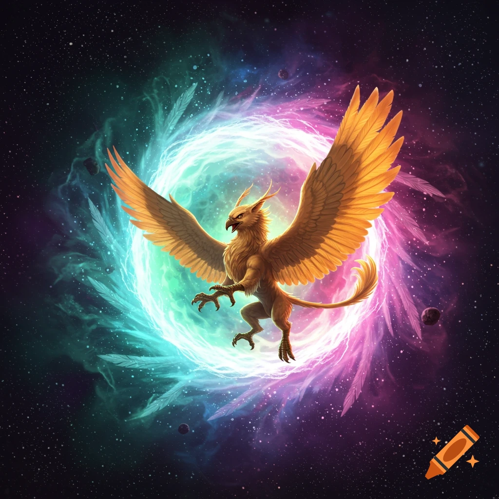 A gryphon flying out of a colorful space portal